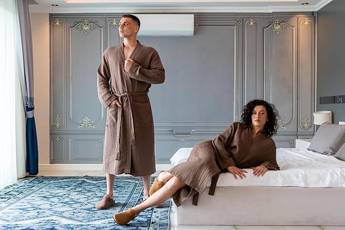 Muslin Unisex Bathrobe Women & Men, 100% Cotton Kimono Lightweight Robe | Long Robes Soft, Absorbent, Spa robes