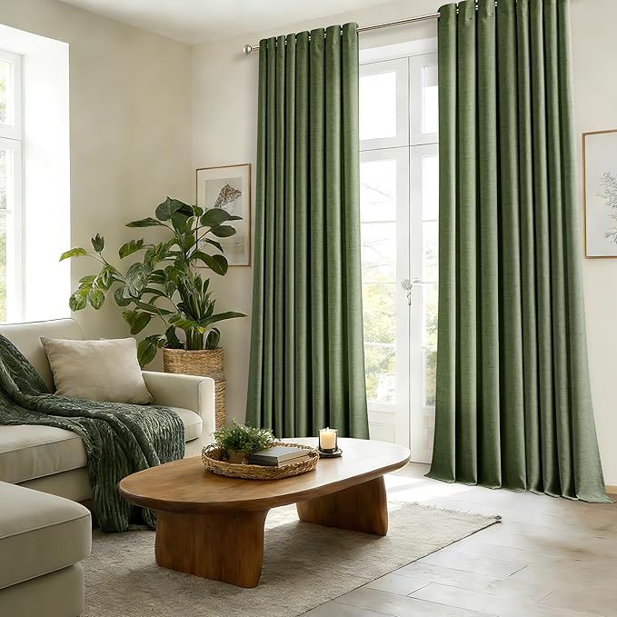 102 Inch Length 2 Panels Olive Green Curtains Army Green Burlap Light Filtering Semi Sheer Drapes Privacy Boho Farmhouse Large Window Curtain for Bedroom 52x102