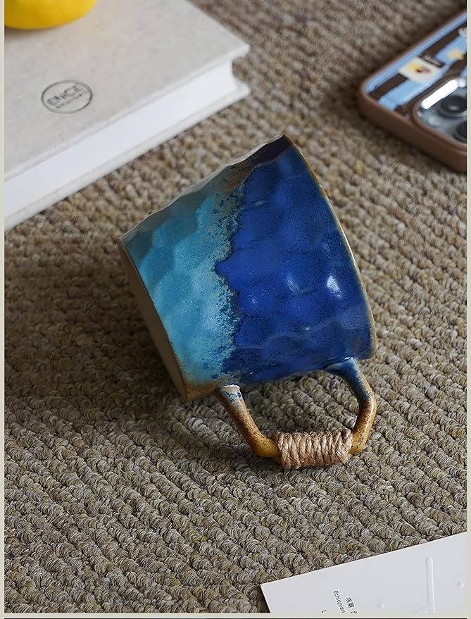 10oz Retro Vintage Japanese Style Handmade Ceramic Tea Cup with Handle, Lead-Free Reactive Glaze Artisanal Coffee Mug, Comfortable handle Handmade Pottery Tea Mug for office and home,Blue