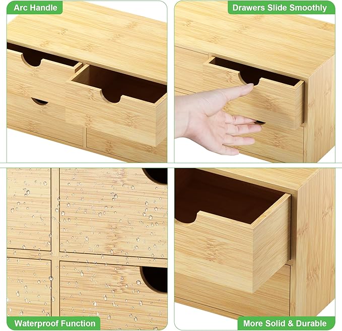 Wisuce Desk Organizer with Drawers - Bamboo Desktop Organizer Storage | White-Natural Wood Desk Drawers Organizer for Bills, Office Supplies, Cosmetics, Seals No Assembly Required(4 drawers)
