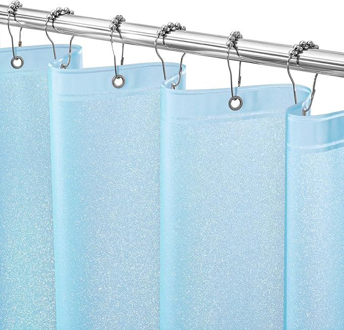 Seenus Waterproof Plastic Glitter Shower Curtain Extra Long 72 x 78 Inch, Sparkle PEVA Shower Curtain Liner with 3 Large Magnets, Sky Blue Blingbling Bathroom Decor Shower Curtain