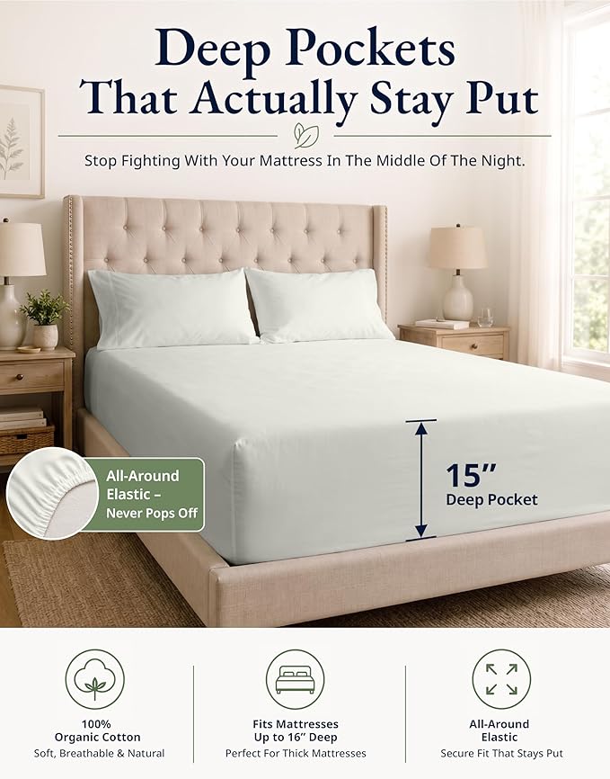Lane Linen Queen Size Fitted Sheet, 100% Organic Cotton, 3-Piece Set (1 Fitted Sheet & 2 Pillowcases), Percale Weave, Ultra Soft, Breathable, Fits Mattress Upto 15" Deep - Glacier Grey (No Flat Sheet)
