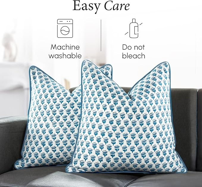 CPC 100% Cotton Throw Pillow Covers 16X16 Blue Block Print Pattern Couch Pillow, Cute Boho Decorative Pillows for Living Room, Bedroom with Hidden Zipper- Apatite Blue