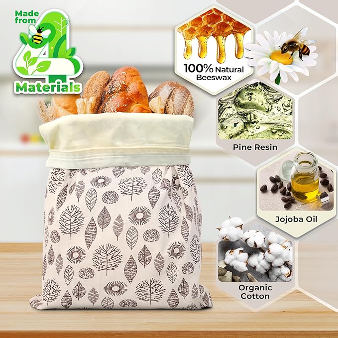 OHIYO Reusable Beeswax Bread Bags & Reusable Beeswax Wrap for Food, 9 Pack Organic Cotton Beeswax Papers (1XL + 3M + 5S)
