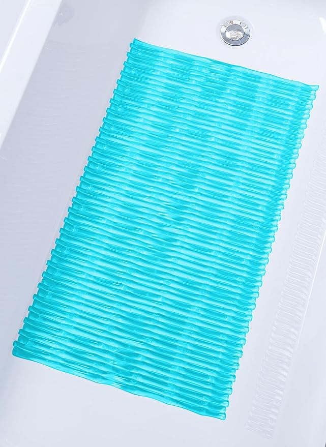 "Bamboo Non-Slip Bath Tub Mat - Non-Toxic - Safe, Clean, Machine-Washable, Superior Grip & Drainage - Non-Slip Bath Mat - Vinyl - for Smooth/Non-Textured Tubs Only - Transparent Turquoise