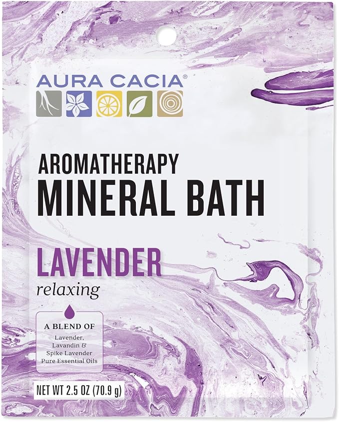Aura Cacia Aromatherapy Mineral Bath, Relaxing Lavender, Mineral Bath Salts with Pure Essential Oils for a Soothing and Rejuvenating Foot and Body Soak | 2.5 Ounce (Pack of 1)