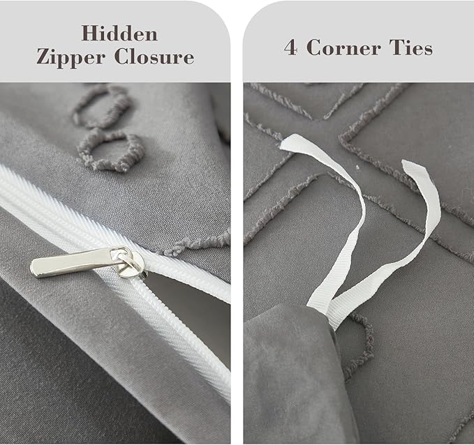 EMME Duvet Cover Queen Size, Boho Tufted Comforter Cover, 3 Pieces Embroidery Chic Bedding Set for All Seasons, 1 Duvet Cover + 2 Pillowcases (Dark Grey, Queen)