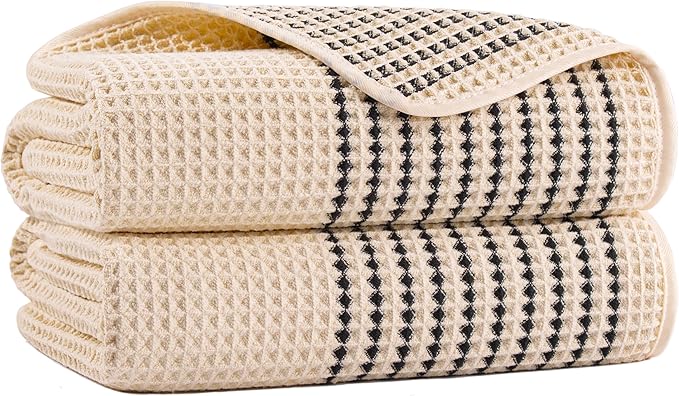 MICROFI New Microfiber Waffle Bath Towels, 2 Pieces, Soft, Absorbent, Fast Drying, Lint Free 430 GSM (Champagne Striped)