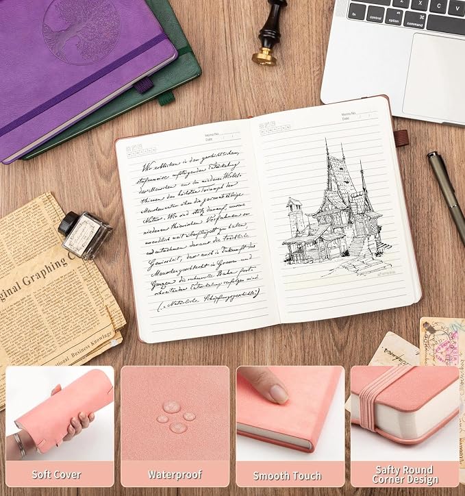 Lined Journal Notebook, A5 Leather Vintage Journals for Writing, 256 Pages College Ruled Notepad for Women Men, Vegan Leather Daily Notebook for Work, School, Travel, Note Taking(Tree of Life, Pink)