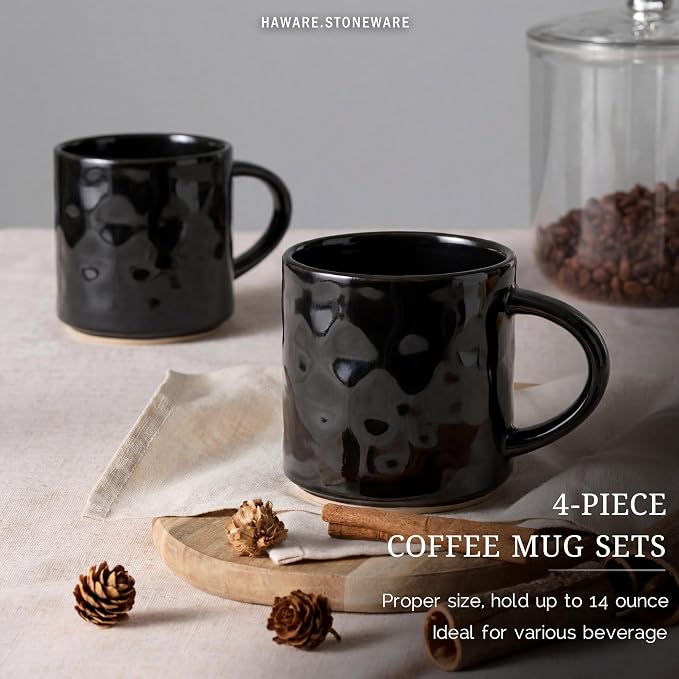HaWare 14OZ Coffee Mugs Set of 4, Stoneware Coffee Cups with Handle, Latte Mug for Man, Woman, Dad, Mom, Modern Tea Mugs for Latte/Cappuccino/Cocoa/Milk, Dishwasher& Microwave Safe, Matte Black