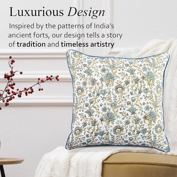 CPC Vintage Garden Blue Block Print Throw Cushion Cover 24 x 24 Inch Set 2 - Decorative Boho Floral Pillow Case for Living Room, Bed, Sofa, Couch, Home Decor Gift for Spring, Mother's Day