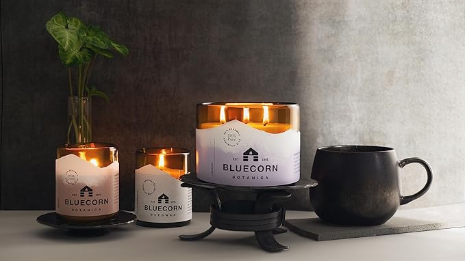 Bluecorn Beeswax 3-Wick Candle, 100% Pure Bees Wax, Amber Glass, Fragrance Free Candle Wax, Soy Free, Clean Burning, Long Lasting (40 Hr), Home Decor, Gifts for Women & Men, American Made, 22 Oz, 1 Ct