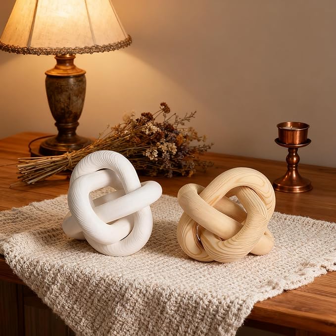 Wood Knot Chain Link Decor, 3 Link Boho Wooden Hand Carved Decorative, Handcrafted for for Coffee Table Entryway Modern Farmhouse Shelf Decoration (Natural)