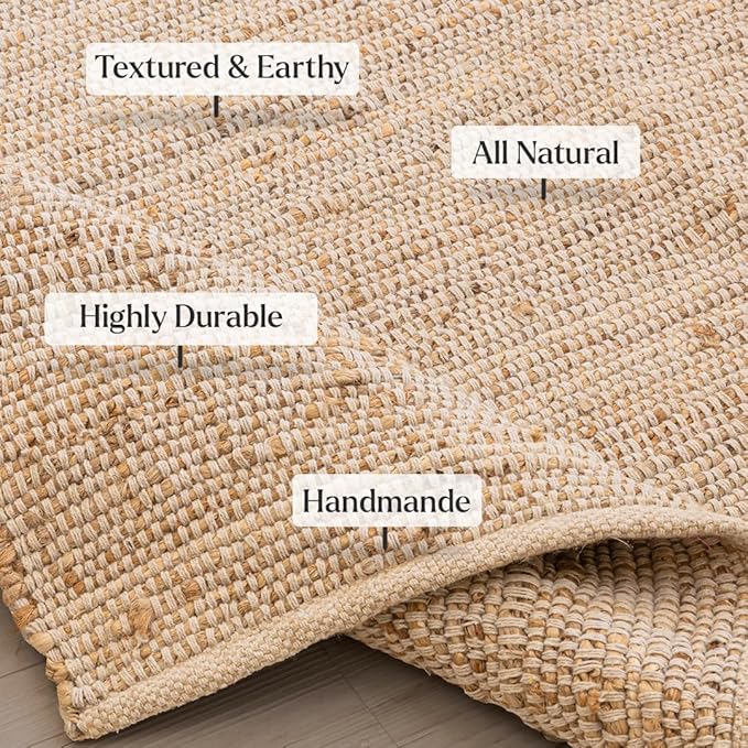 HOMEMONDE Hand Woven Jute Cotton Runner Rug - 2' x 6' ft Natural Fiber Braided Rustic - Vintage Boho Décor Farmhouse Area Rug for Hallway, Bedroom, Kitchen, Office