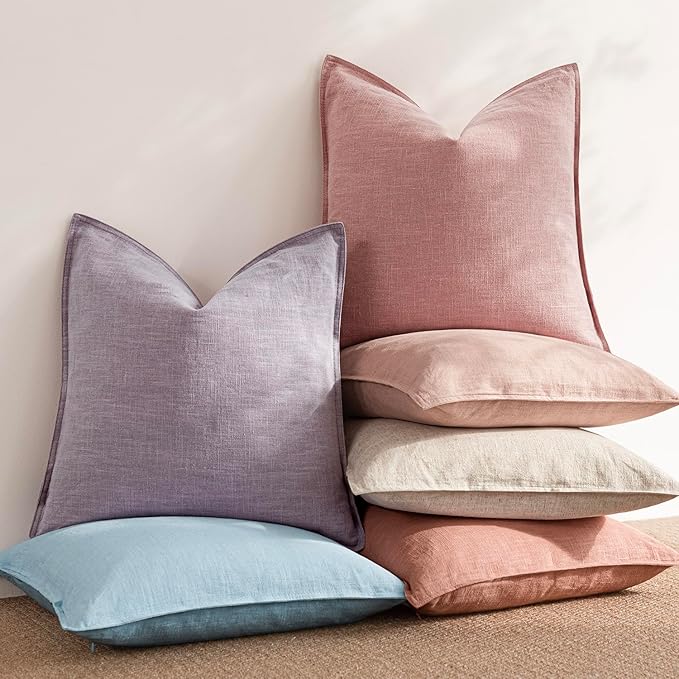 Foindtower Pack of 2, Decorative Linen Soild Throw Pillow Covers Soft Accent Cushion Euro Case Boho Farmhouse Pillowcase for Chair Couch Sofa Bedroom Living Room Home Decor 22 x 22 Inch Rose Pink