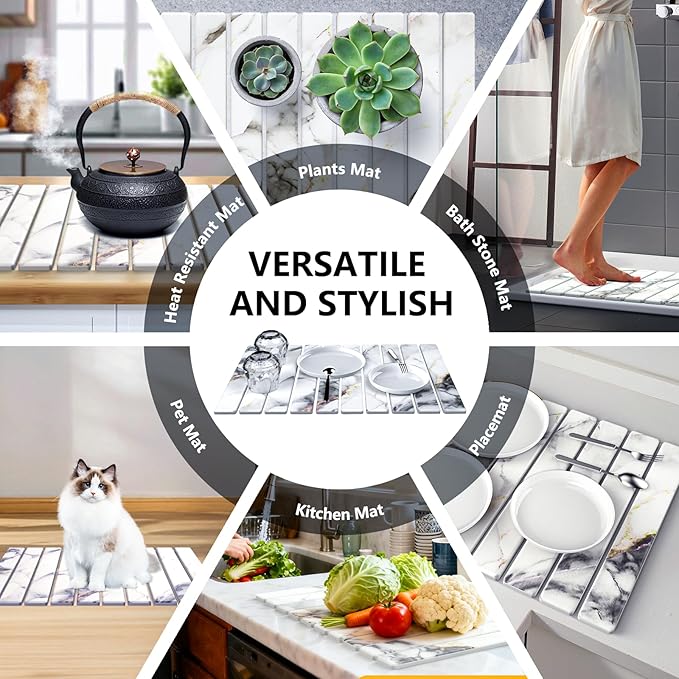 Large Stone Dish Drying Mat for Kitchen, Collapsible Diatomaceous Earth Drying Pad, Ultra Absorbent Instant Dry Kitchen Countertop Mat for Dishes, Bottles & Cups, Space-Saving, Fits Any Décor, 24"×16"