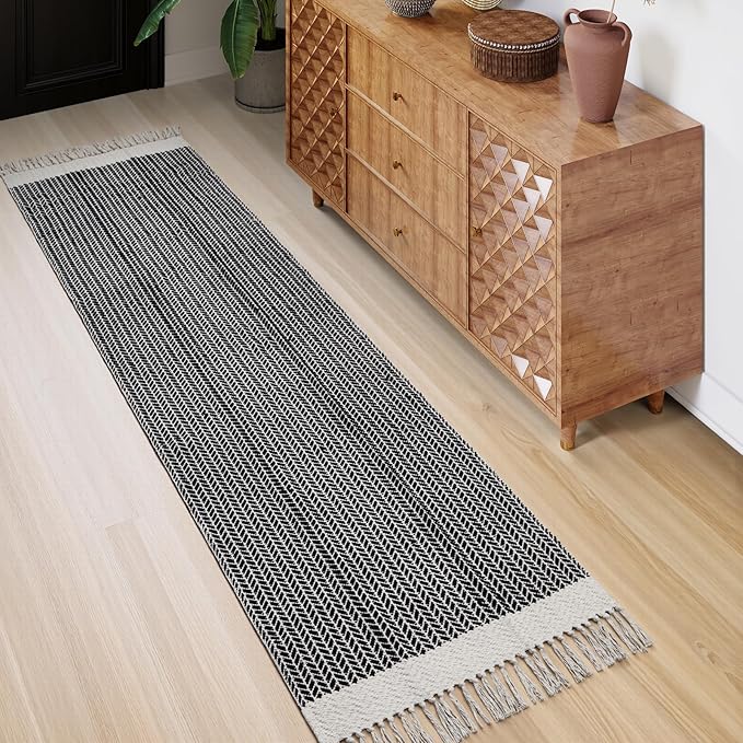 Lahome Belle Boho Kitchen Runner, 2'6''x8 Runners for Hallways Lightweight Bath Mat Woven Washable Runner Rug with Tassels, Farmhouse Non Shedding Black Rug for Bedroom Living Room
