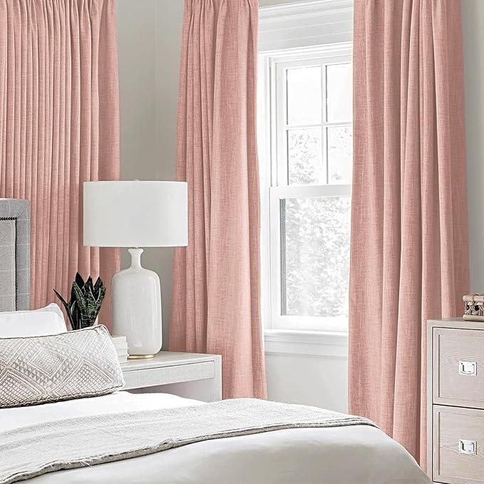 MIULEE Linen Curtains for Bedroom 100% Blackout Thermal Insulated Blush Pink Grommet Room Darkening Curtains & Drapes for Living Room 52 x 90 Inch (2 Panels)
