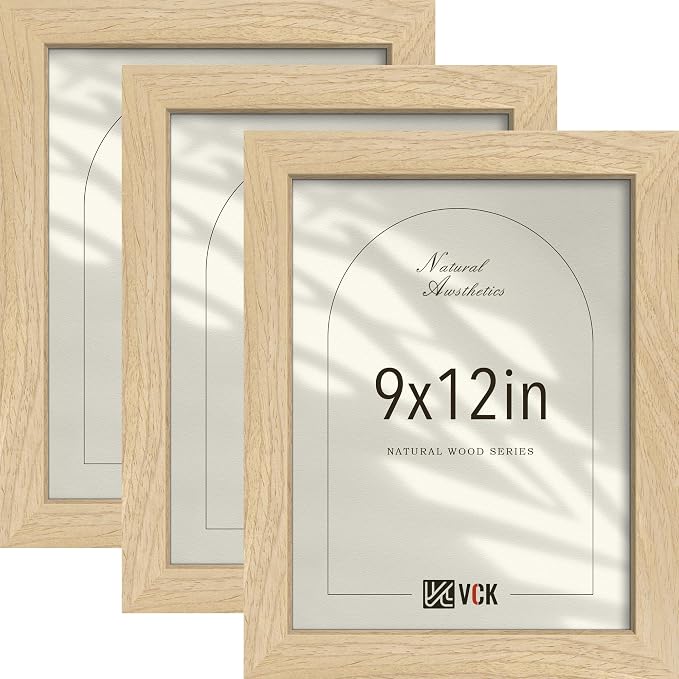 VCK 9x12 Picture Frame 3 Pack - Natural Solid Wood Beige Photo Frame, Exclusive Wood Grain, Table Display or Wall Hanging