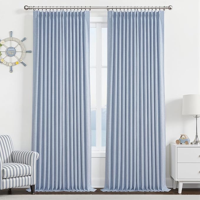 Blackout 108 Inch High Ceiling Curtains 2 Panels Set for Living Room, Memory Shape Pinch Pleat Two Layer Linen Noise Cancelling Privacy Extra Long Light Blue Elegant Dining Room Windows Drapes 9 FT