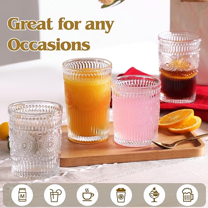 Vintage Drinking Glasses Set of 12, Textured Clear Striped Glass Cups-6 Highball Glasses 12oz & 6 Rocks Glasses 10oz, Mixed Glassware Set, Mojito Cups, Cocktail Glass, Iced Coffee Cup
