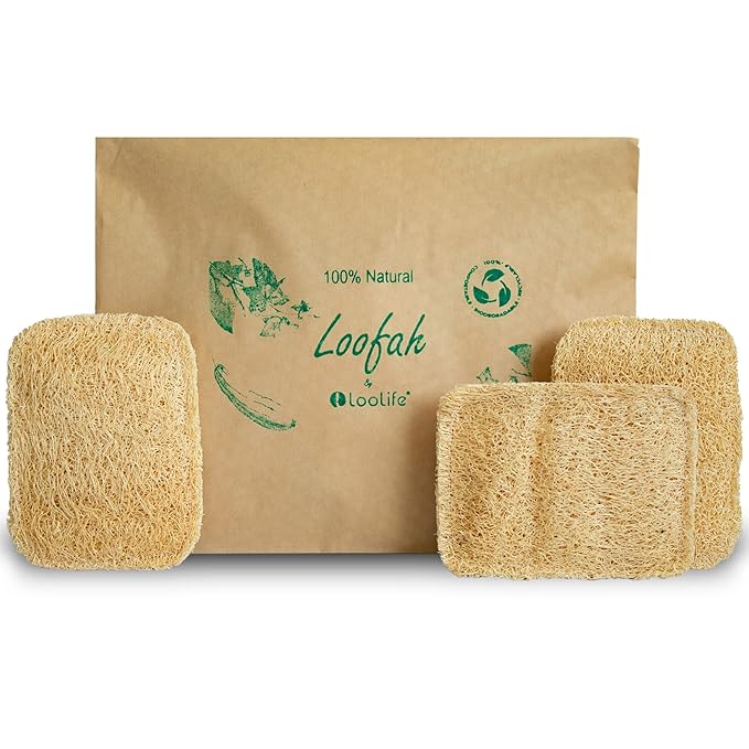 Natural Loofah Exfoliating Sponge (4 Pack) + Natural Loofah Kitchen Sponge (3 Pack) - Loofah Exfoliating Body Scrubber - Natural Sponges for Dishes - Biodegradable Sponges - Compostable Sponges