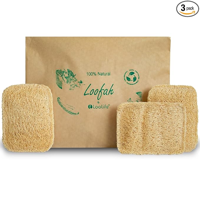 Natural Loofah Kitchen Sponge (3 Pack) - Natural Sponges for Dishes - Eco Friendly and Compostable Sponges - Biodegradable Plant Based Kitchen Dish Sponge - Plastic Free Dish Scrubber