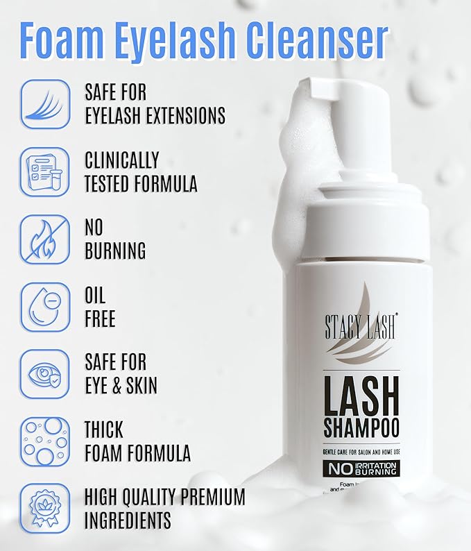 STACY LASH 6.76 fl.oz / 200ml Eyelash Extension Shampoo + Brush/Eyelid Foaming Cleanser/Wash for Extensions & Natural Lashes/Safe Makeup Remover/Supplies for Professional & Home Use