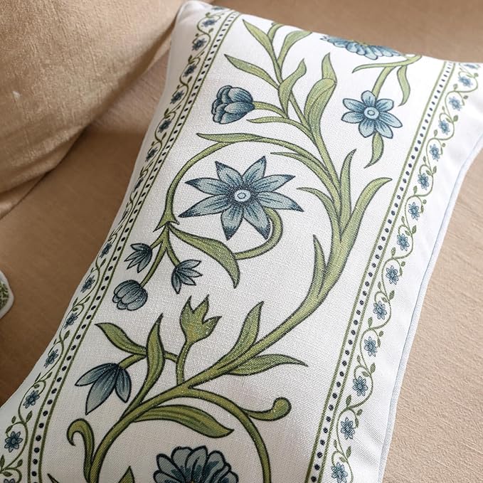 ISAENNE Design Fresh Linen Lumbar Throw Pillow Covers 12"x20" Pack of 2, French White Cottage Cushion Covers with Green Branches Pattern Decoration Pillowcases for Bed,Living Room,Outdoor,Car