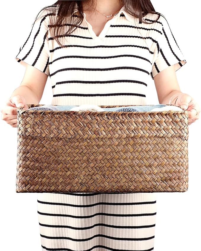 Hipiwe Seagrass Storage Baskets Bin for Shelf Handwoven Wicker Baskets Built-in Handles Rectangular Closet Bedroom Organizer Box Multipurpose Storage Basket Organizer,16.1"L x11.8"W x7.7"H