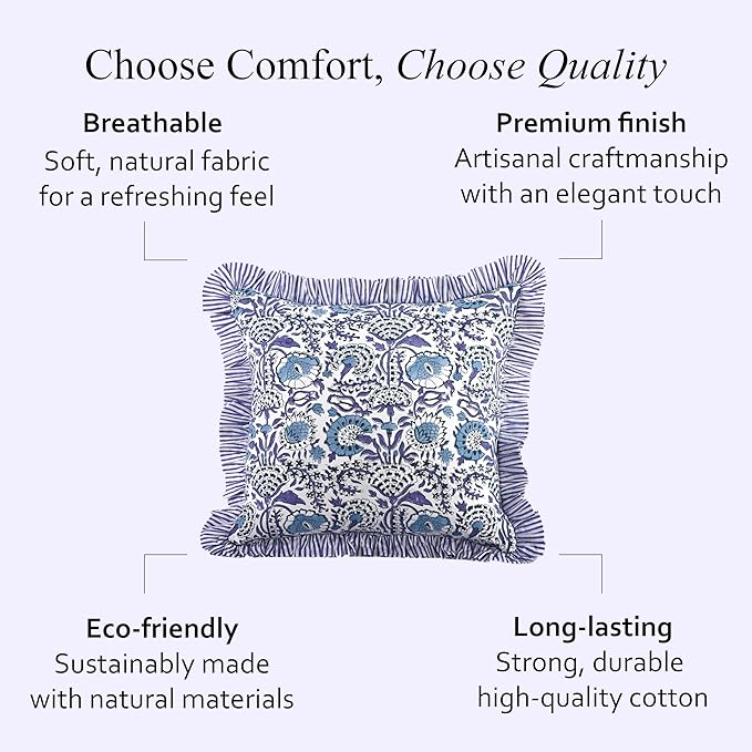 CPC Indigo Blue Ruffle Throw Pillow Covers for Couch, 18x18 Inch Cotton Stripe Ruffle Couch Pillows for Living Room, Hidden 14 Inch Zipper Boho Pillow Case or Cute Outdoor Pillows