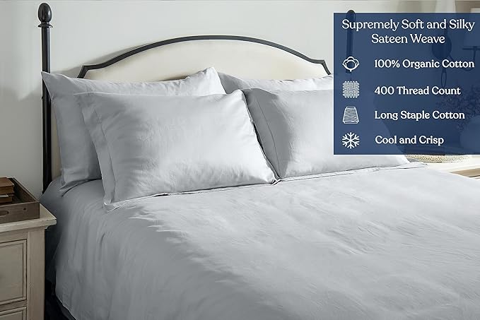 GOTS Certified 100% Organic Cotton Sheets, 400TC Long Staple Cotton, Ultra Soft Silky, Moisture-Wicking, Smooth & Breathable, with Elasticized Deep Pocket