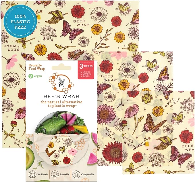 Bee's Wrap Vegan Beeswax Wraps for Food - 3 Pack of Assorted Beeswax Wraps - Small, Medium & Large Wrap - Plastic Free Made in USA Reusable Natural Food Wrap - Meadow Magic Print