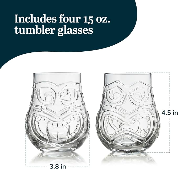 Libbey Tiki Split Glass Tumbler Set, Vintage-Style Quirky Drinking Glasses Set of 4, Exotic, Tall Drinking Glass Cups for Backyard Luau or Pool Party