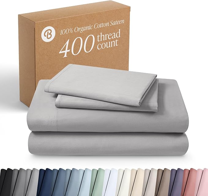 Bare Home 100% Organic Cotton Twin Extra Long Sheet Set - 400 Thread Count - Smooth Sateen Weave - Breathable & Cooling - Hotel Luxury Set - Deep Pocket Bed Sheets (Twin XL, Light Grey)