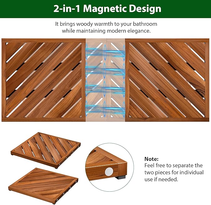 Teak Wood Bath Mat for Bathroom - (33" x 16.5") Anti Slip Square Shower Mat Wooden Floor Mats for Outside Inside Shower Bathtub Luxury Spa Home or Outdoor