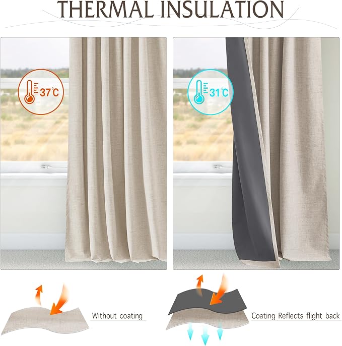 RYB HOME Pinch Pleated Full Blackout Curtains Linen Blended Window Curtains 96 inches for Living Room Bedroom Home Office Privacy Thermal Insulated Drapes, W 42 x L 96 inch, Beige, 2 Panels