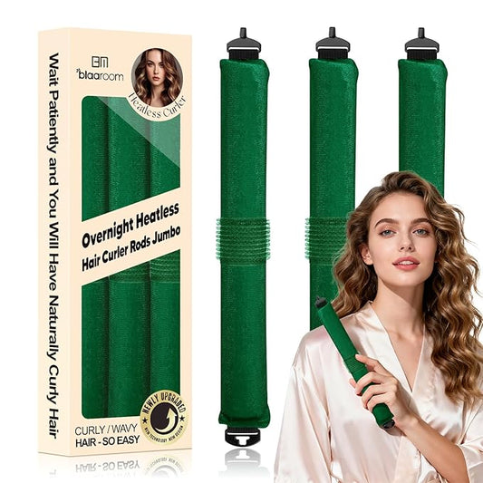 BLAAROOM Overnight Heatless Hair Curler, Upgraded with Hair Pad Grippers Satin Jumbo Flexi Blowout Curls Rods, 3pcs No-Heat Styling Tools Curling Rod to Sleep in for All Hair Types - Green