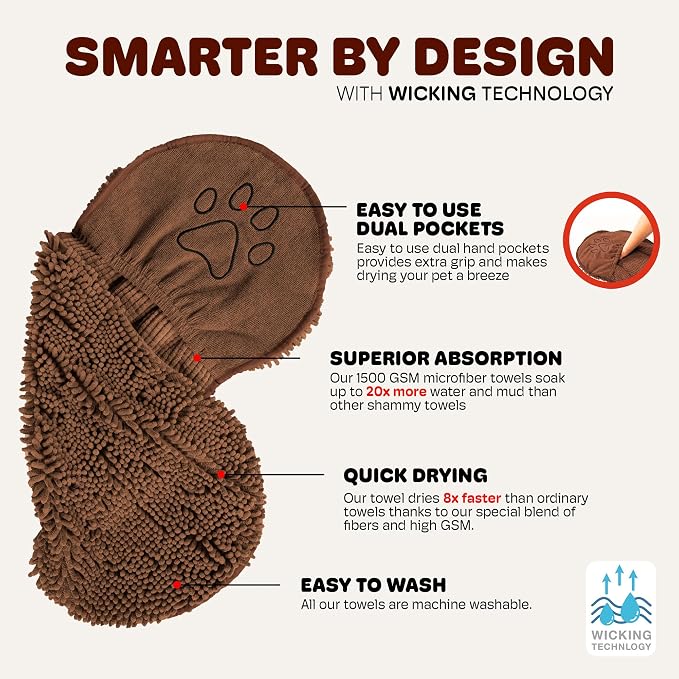 Dog Gone Smart The Dirty Dog Shammy - Fast Drying Plush Shammy Towel with Dual Hand Pockets and Elastic - Super Absorbent Polyamide Microfiber & Machine Washable - Brown, X-Large