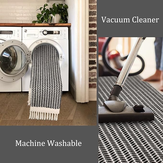 Lahome Belle Boho Hallway Runner Rug, 2x6 Laundry Room Lightweight Entry Woven Cotton Throw Mat with Tassels, Farmhouse Non Shedding Washable Black Low Pile Runner for Kitchen Bathroom