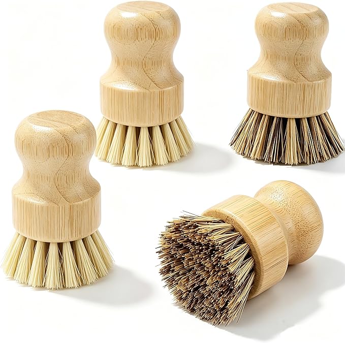 Bamboo Dish Brush Set with Palm and Sisal Bristles, 4 Pcs Natural Bamboo Dish Scrubber Brush for Kitchen Cleaning, Pots, Pans, Vegetables, Fruit