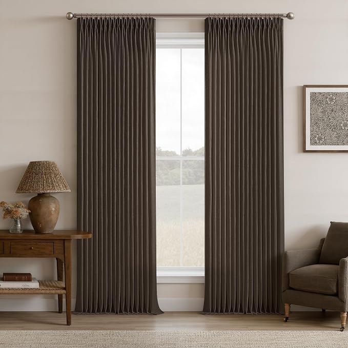 Dark Chocolate 96 Inch Pinch Pleated Linen Curtains 2 Panels Set for Living Room Bedroom Boho Farmhouse Light Filtering Semi Sheer Back Tab Pinch Pleat Hooks Rings Window Curtain 96 Inches Long