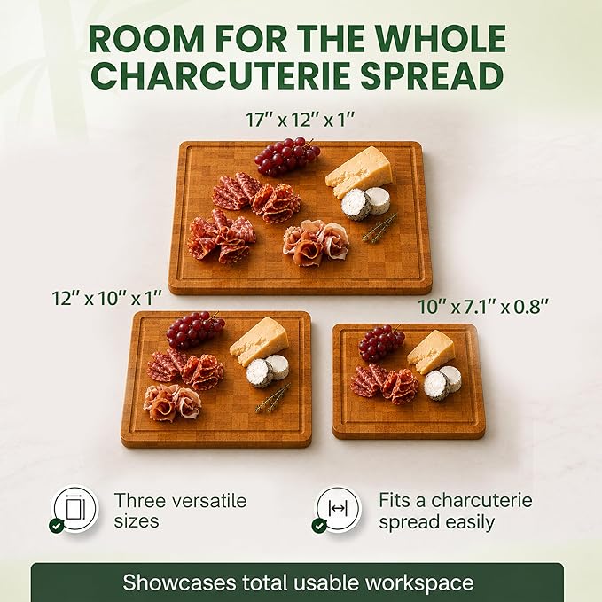 LAIFsolutions Wood Cutting Boards for Kitchen with Juice Groove, Eco-Friendly Wooden Bamboo Chopping board, Food-Safe, Non Plastic Tabla Para, Carbonized Butcher Block for Meat, Veggies Fruits, 3-Set
