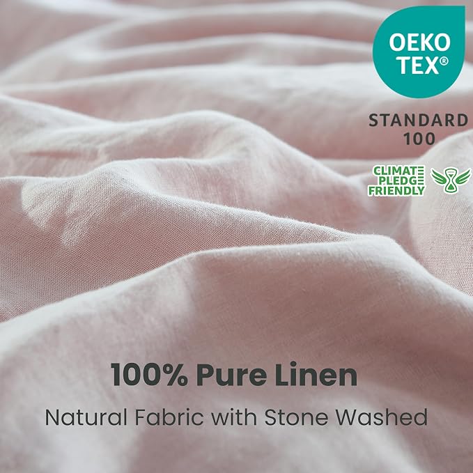 Simple&Opulence 100% Linen Duvet Cover Set 3pcs with Coconut Button Closure Natural French Washed Flax Solid Color Soft Breathable Farmhouse Bedding - Blush Pink, Full Size