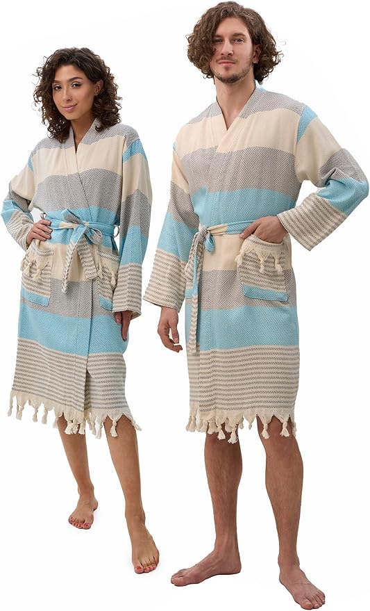 ATANI 100% Turkish Cotton Bathrobe S-XXL for Women & Men – Peshtemal Style Soft Cozy Lounge Robe, Absorbent & Lightweight