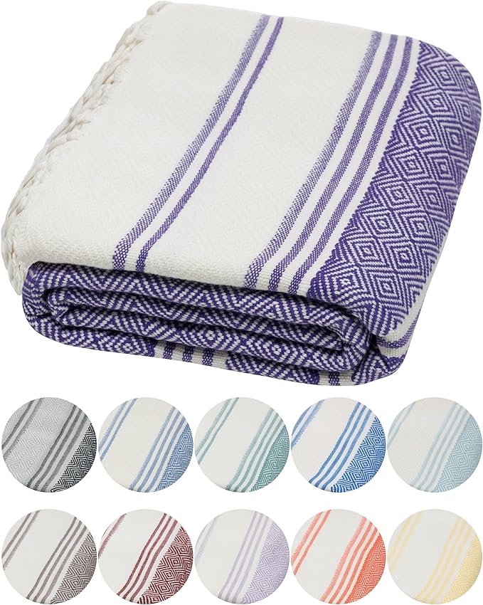 DEMMEX Organic Turkish Cotton Ultra Soft Bath and Beach Towel - Luxury Oversized Peshtemal for Bathroom and Beach - Lightweight, Quick-Drying, Sand Free - Prewashed, Diamond Weave, 71x36'' (Purple)