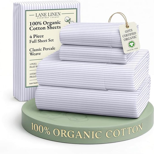 LANE LINEN 100% Organic Cotton Full Sheet Set, Low Pilling Fade Resistant Machine Washable Naturally Cooling Full Bed Sheets, Soft & Comfy Printed Cotton Bedding- Blue Ticking Stripe