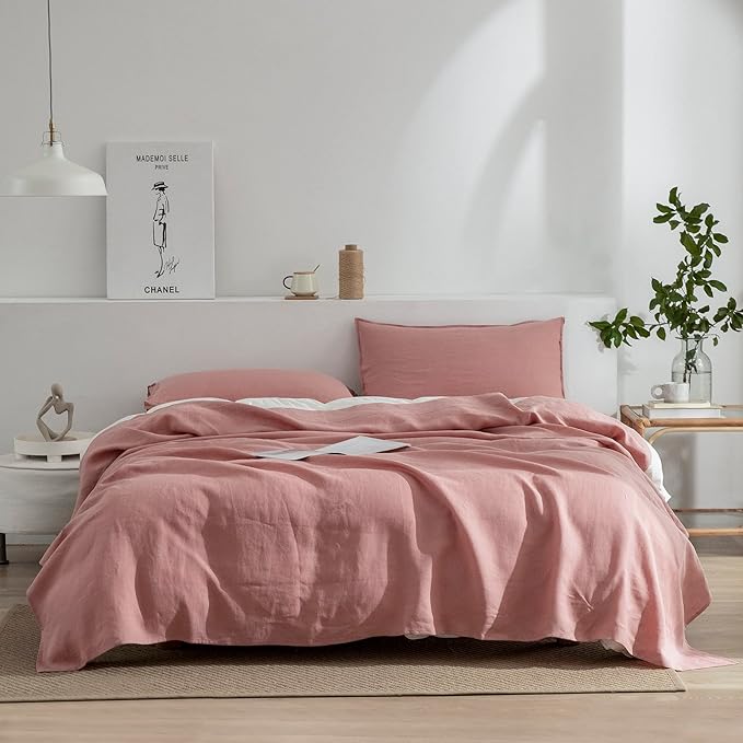 EVERLY Linen Sheets Set King Size,100% French Stonewash Pure Linen Bed Sheets,4Pieces (1Flat Sheet,1Fitted Sheet,2Pillowcase) Suitable for Hot Sleepers,Deep Pocket Natural Bedding Set-Pink
