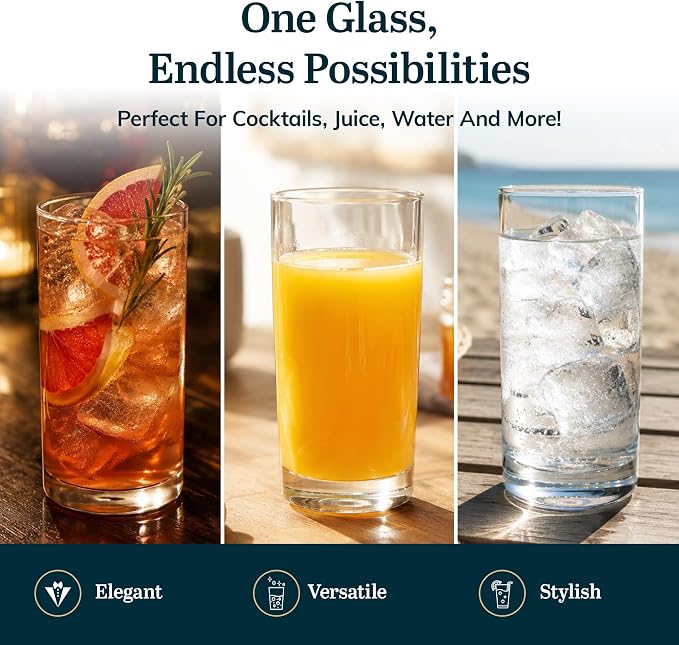Libbey Heavy Base Drinking Glasses Set of 8, 15.5 Oz Elegant, Weighted Clear Water Glasses, Dishwasher Safe Glass Cups Set for Parties, Birthdays