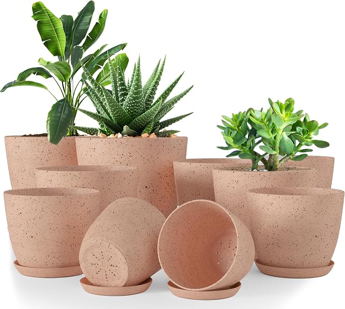 Utopia Home - Spotty Plant Pots Indoor with Drainage - 7/6.6/6/5.3/4.8 Inches Flower Pots - 10 Pack Plastic Planters - Ideal for Stocking Stuffers - (Speckled Peach Pink, Pack of 10)
